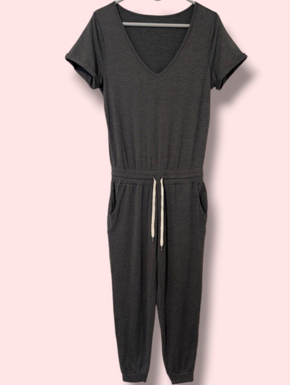 Vuori Grey Short Sleeve V-Neck Drawstring Tapered All Day Jumpsuit SM